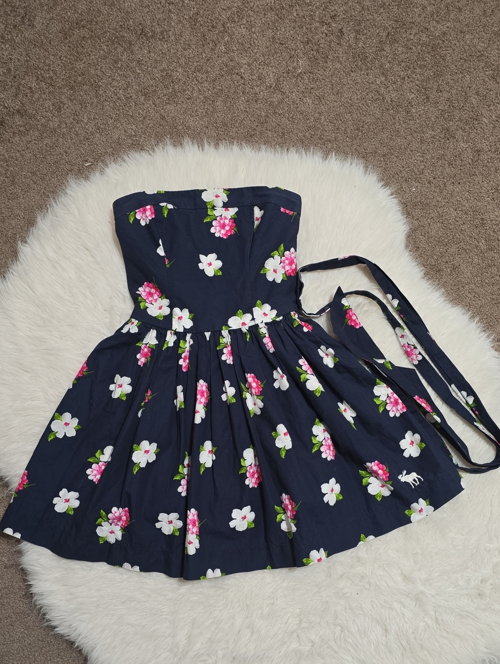 Abercrombie & Fitch Navy Floral Strapless Dress with Pink & White Blossoms
